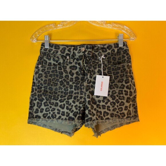 Good American Leopard Short Shorts Womens 2/26 Brown Fringe Hem Zip Fly NWT - Picture 2 of 11